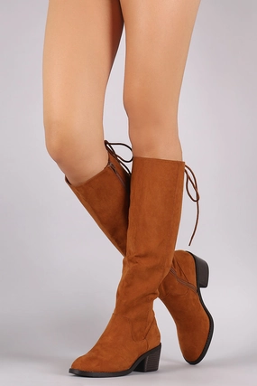 Dress Boots Knee High Bamboo Suede Back Lace Up Block Heeled Knee High Boots